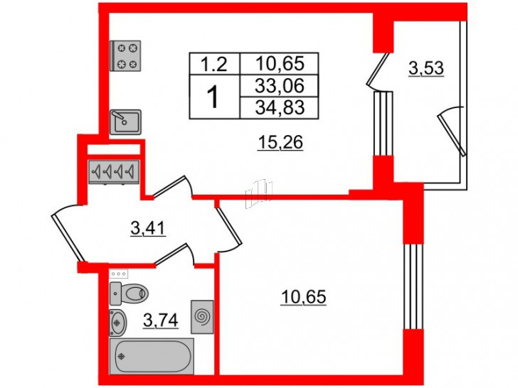 Однокомнатная квартира 33.06 м²