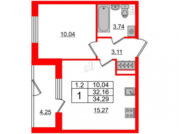 Однокомнатная квартира 32.16 м²