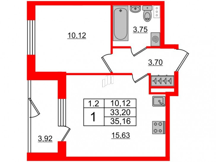 Однокомнатная квартира 33.2 м²