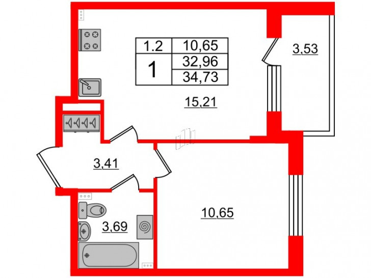 Однокомнатная квартира 32.96 м²