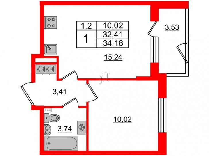 Однокомнатная квартира 32.41 м²