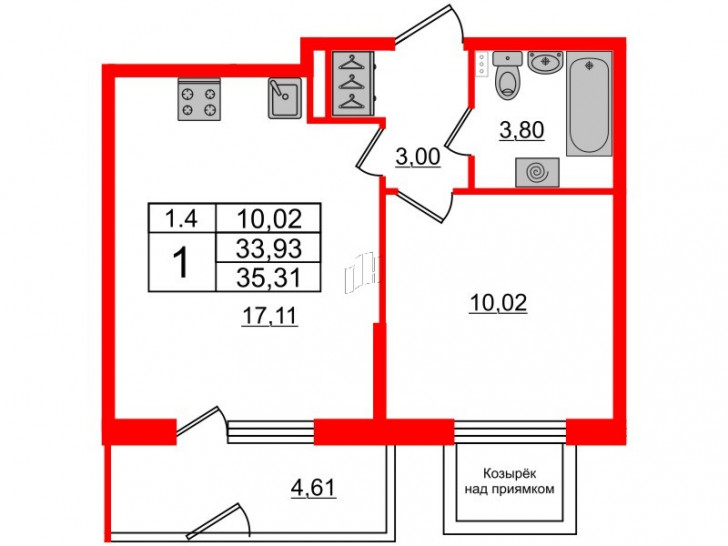 Однокомнатная квартира 33.93 м²