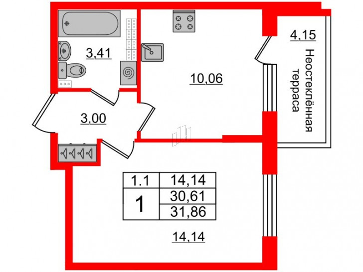 Однокомнатная квартира 30.61 м²