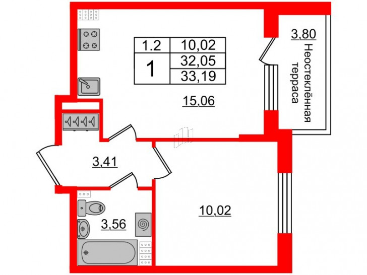 Однокомнатная квартира 32.05 м²