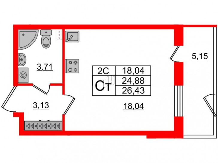 Студия 24.88 м²