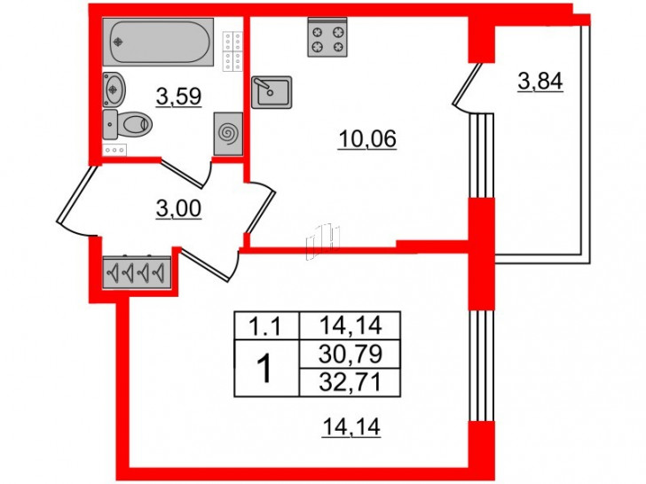Однокомнатная квартира 30.79 м²