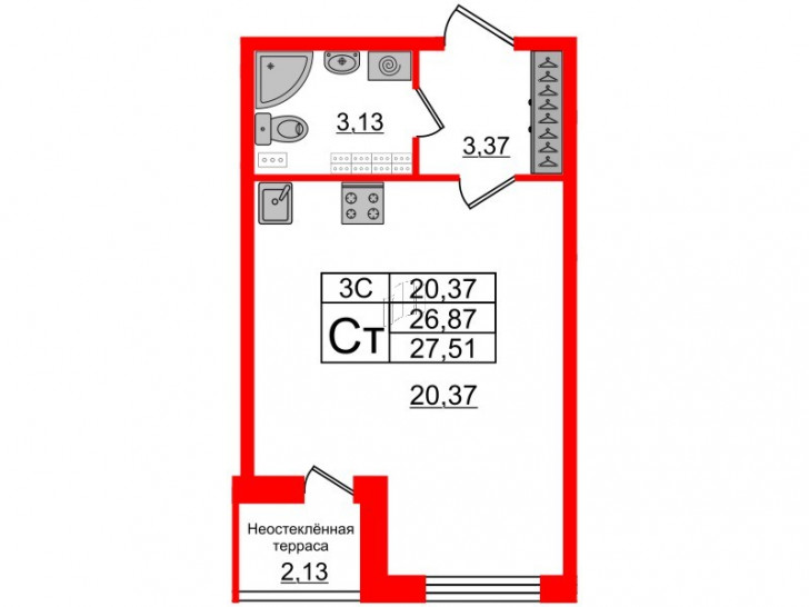 Студия 26.87 м²
