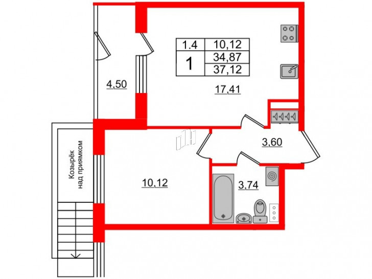 Однокомнатная квартира 34.87 м²