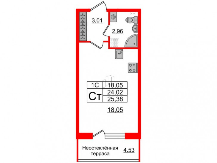 Студия 24.02 м²