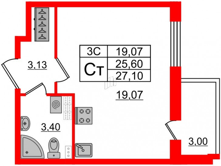 Студия 25.6 м²