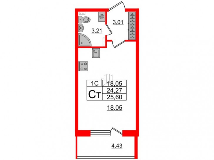 Студия 24.27 м²