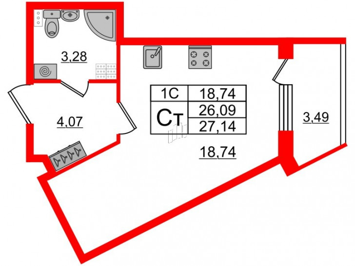 Студия 26.09 м²