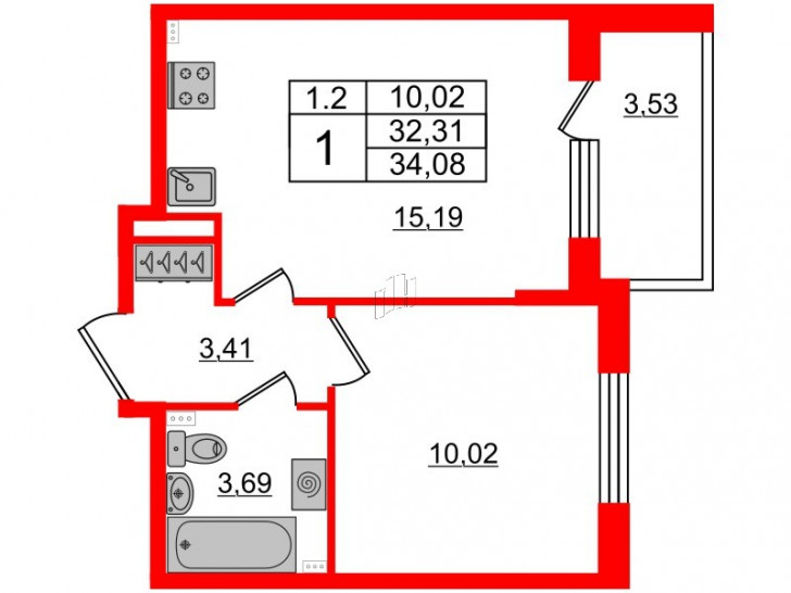 Однокомнатная квартира 32.31 м²