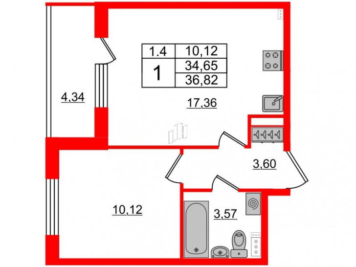 Однокомнатная квартира 34.65 м²