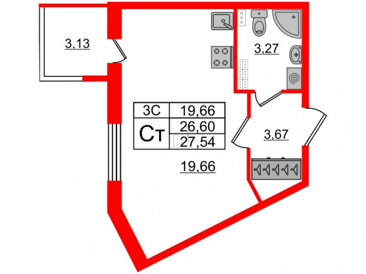 Студия 26.6 м²