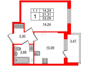 Однокомнатная квартира 31.31 м²