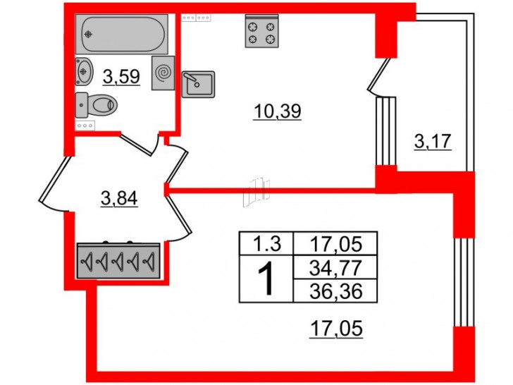 Однокомнатная квартира 34.77 м²
