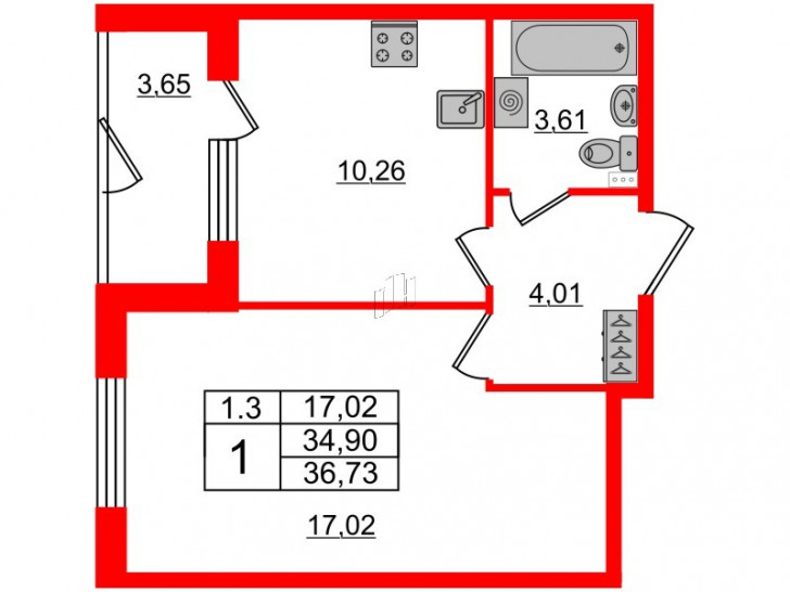 Однокомнатная квартира 34.9 м²