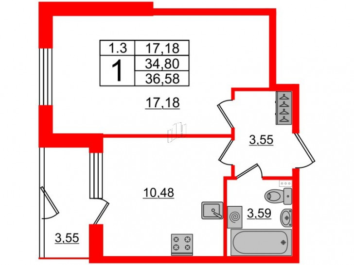 Однокомнатная квартира 34.8 м²