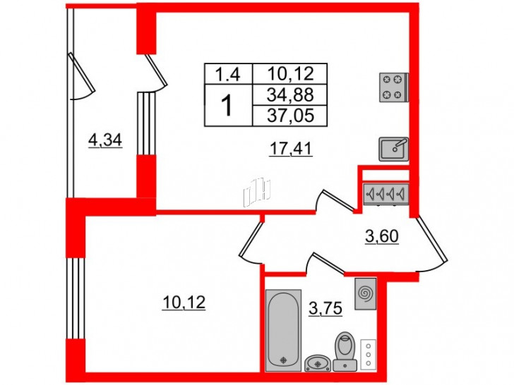 Однокомнатная квартира 34.88 м²