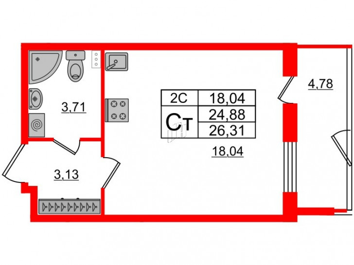 Студия 24.88 м²