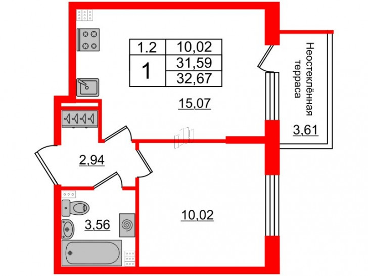 Однокомнатная квартира 31.59 м²