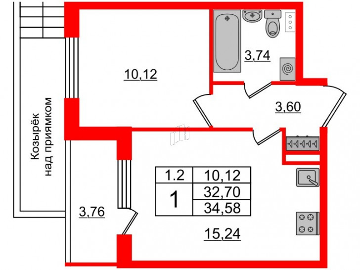 Однокомнатная квартира 32.7 м²