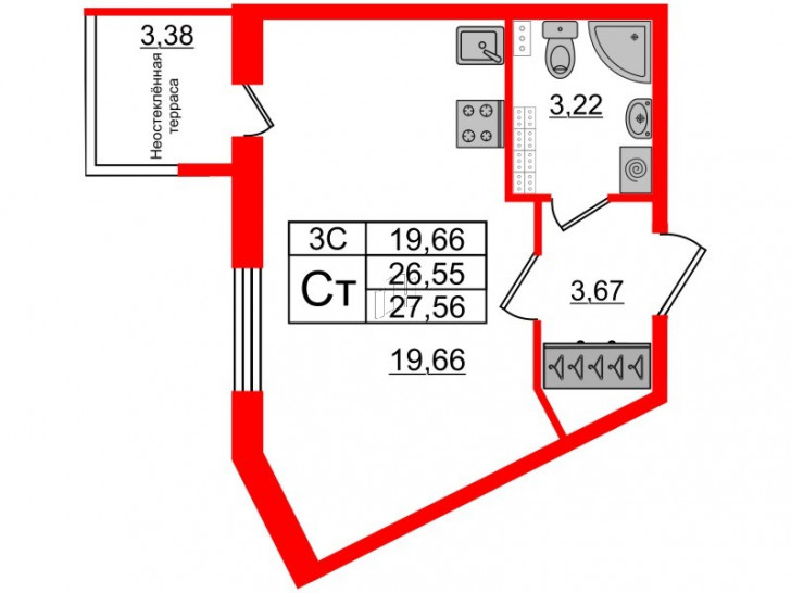 Студия 26.55 м²