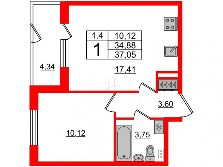 Однокомнатная квартира 34.88 м²