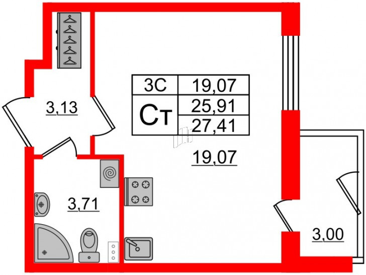 Студия 25.91 м²