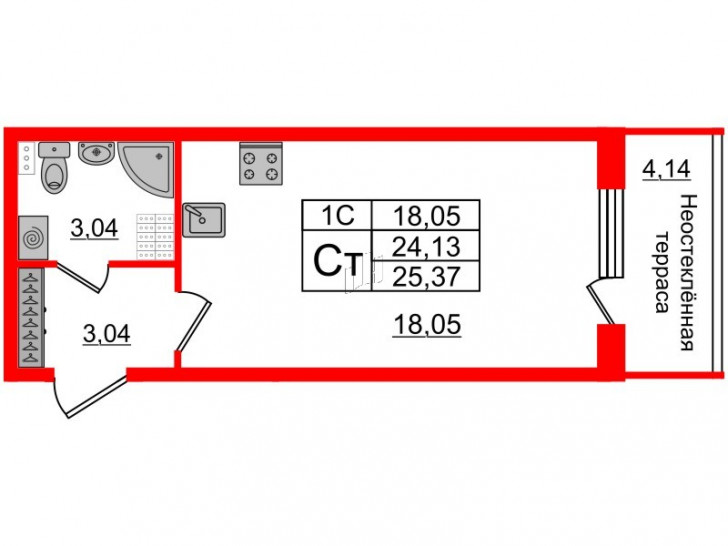 Студия 24.13 м²